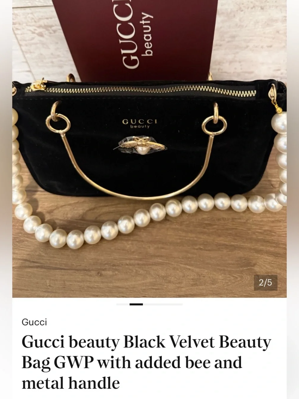 Gucci GWP Beauty Black Velvet Bag w/gold metal handles, pearls & bee attached